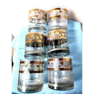 Set of 6 Hollywood Regency CERA Flat Bar Glasses Golden Grape Roman Arch MCM